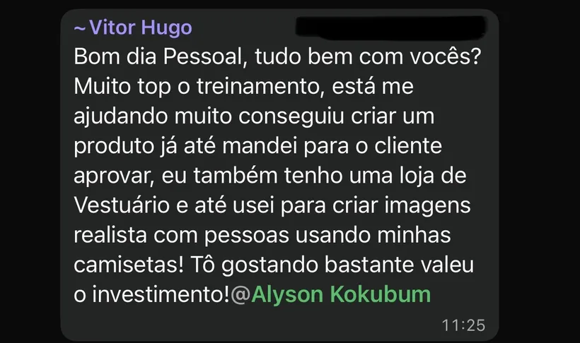 Aluno contando que mandou o produto para o cliente