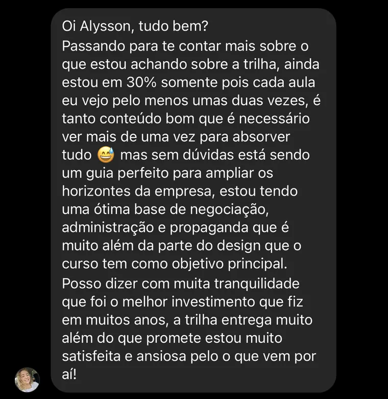 Mensagem de aluno sobre a trilha