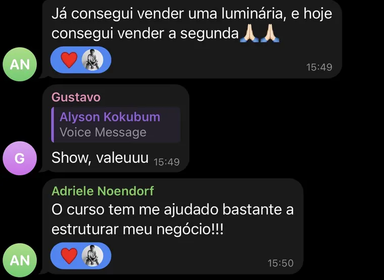 Aluno relatando primeira venda