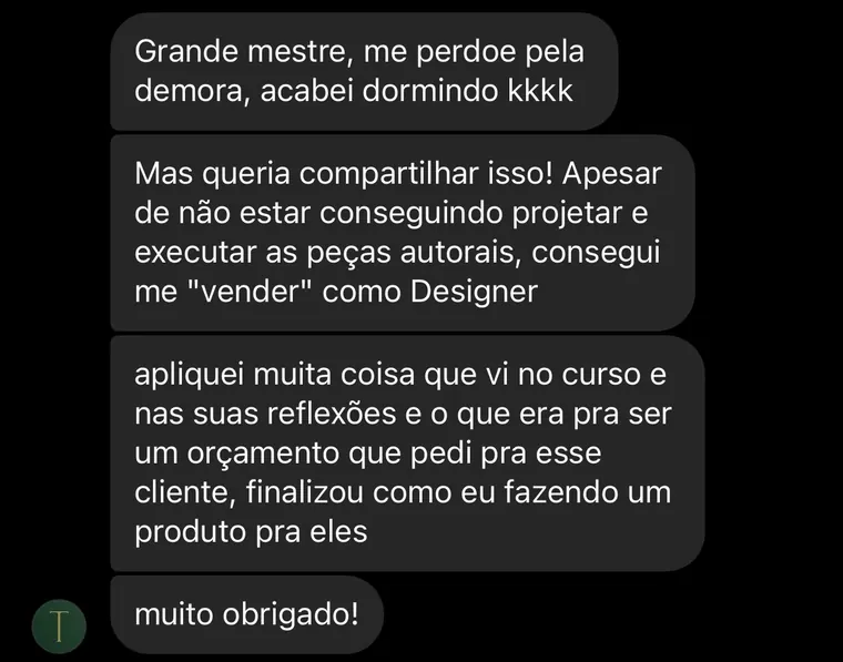 Aluno contando que se vendeu como designer